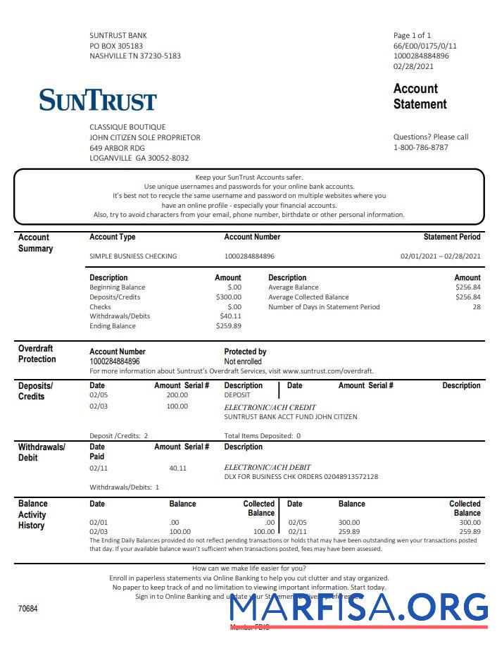 Printable USA Georgia SunTrust bank statement word download for verification